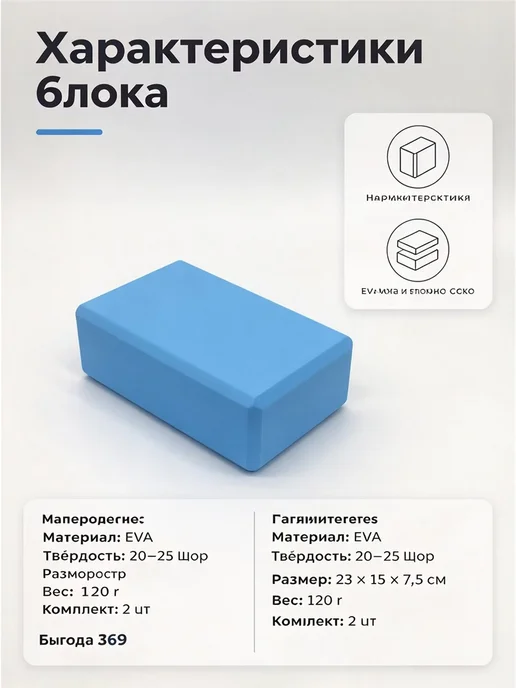 Блок для йоги и фитнеса 2 штуки, синий, фото 2
