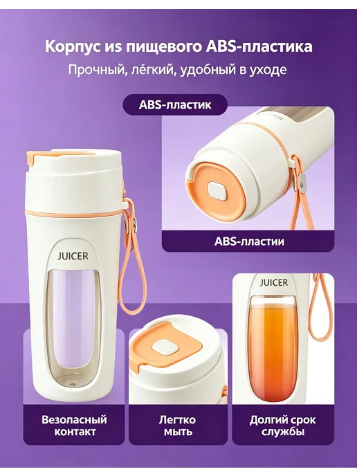 Портативный блендер для смузи беспроводной 340 мл, 340 мл, фото 5