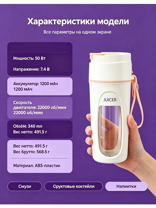 Портативный блендер для смузи беспроводной 340 мл, 340 мл, фото 7