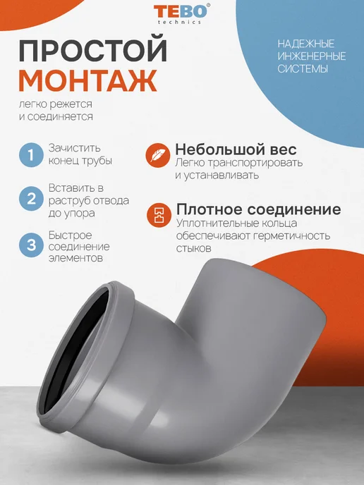 TEBO Отвод канализационный 110 87,5 градусов, серый, фото 3
