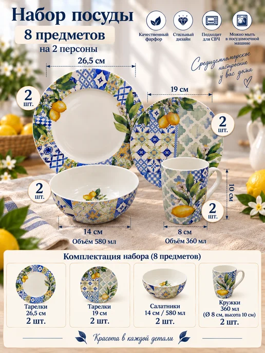 Коралл Набор посуды на 2 персоны 8 предметов Лимон в п у, синий, фото 2