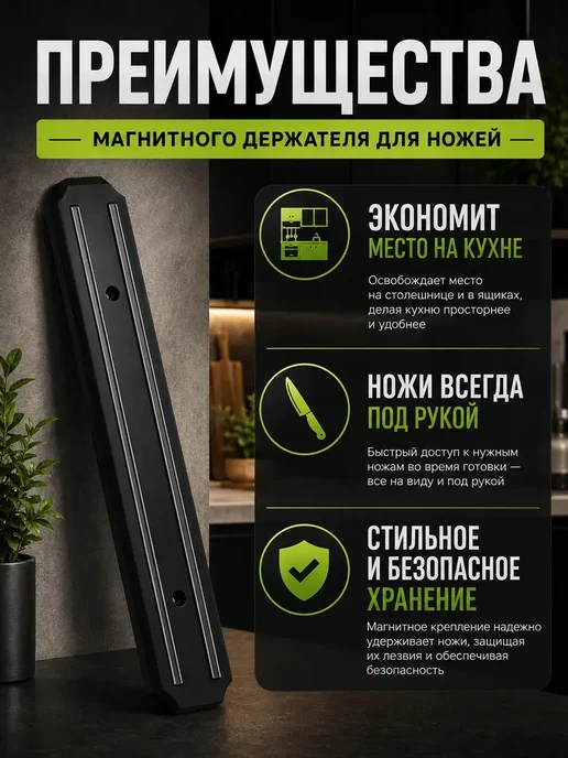 Магнитная планка для ножей 38 см держатель на стену, черный, фото 2