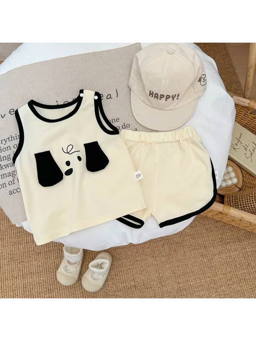 Детские летние комплекты из хлопка с мультяшками 1-3 лет, бежевый, фото 3