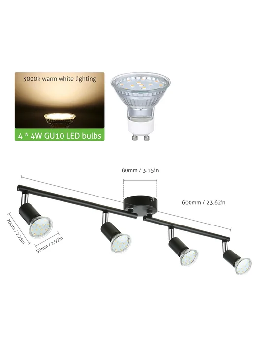 Нет бренда Потолочные светильники 4-х лучевые LED GU10 4Вт Черный, blac, 4 Вт, фото 3