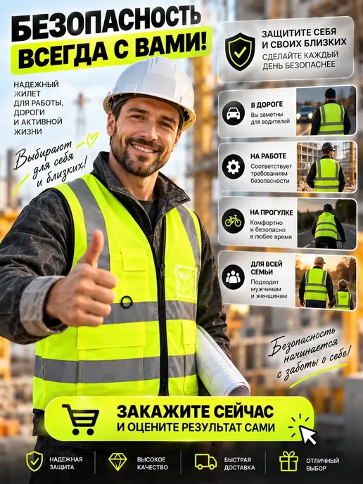 АД10 1 Жилет сигнальный светоотражающий на молнии с карманами, желтый, фото 6