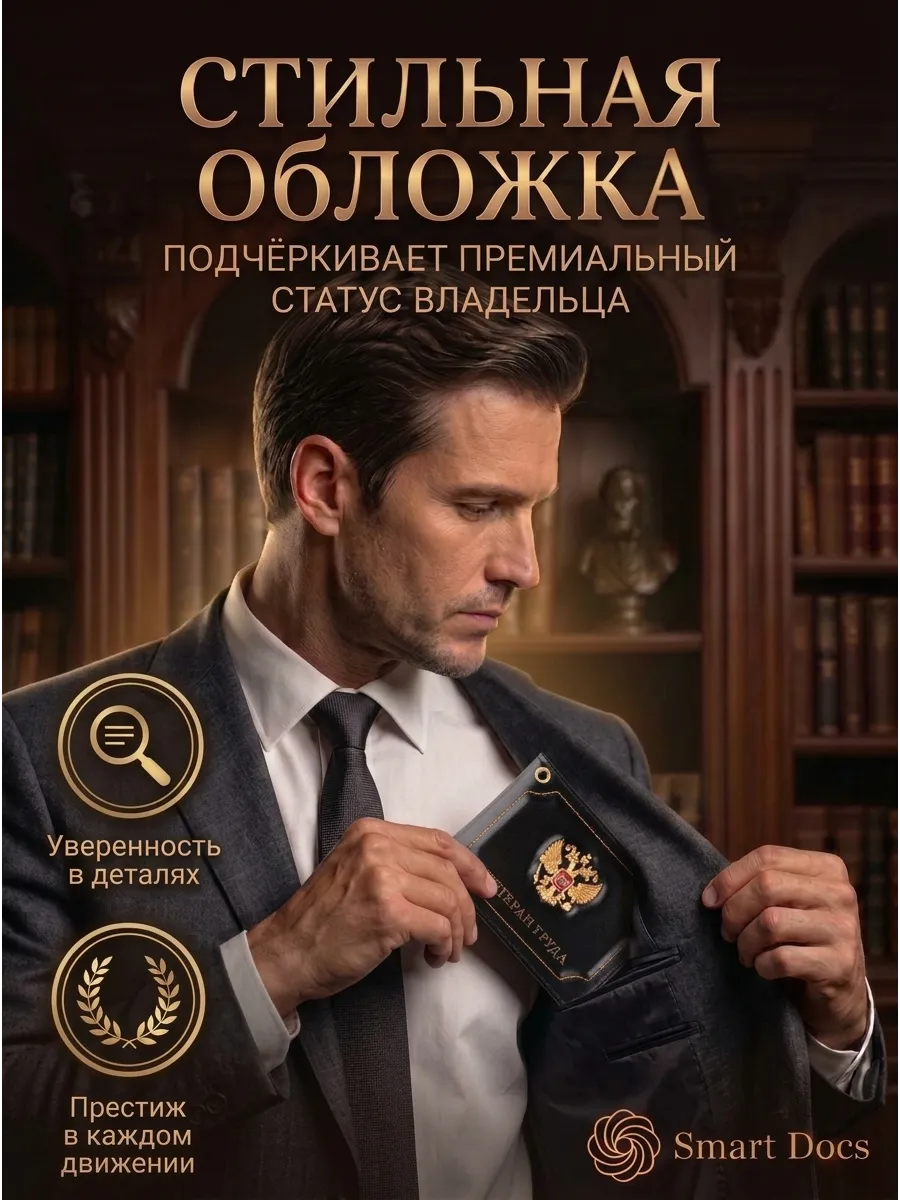 Обложка на удостоверение Ветеран труда герб натуральная кожа — фото 3