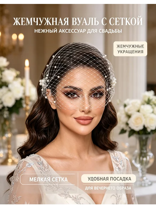 Фата свадебная жемчужная короткая вуаль, белый