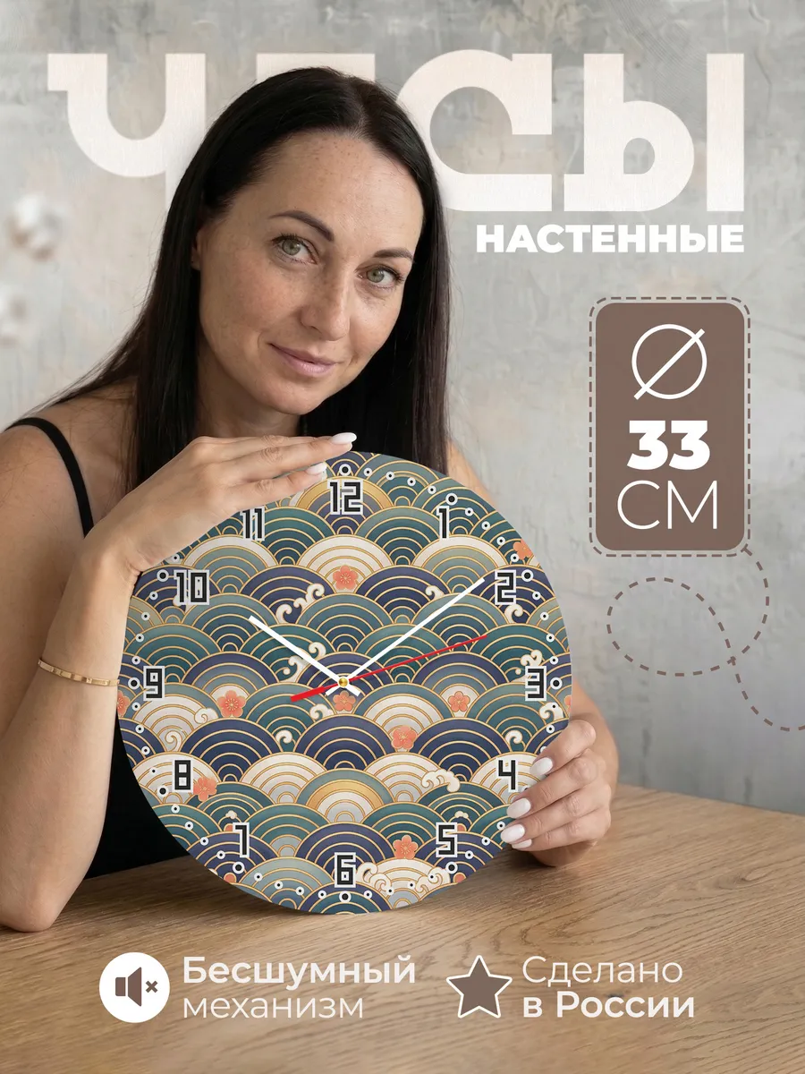 Часы настенные бесшумные Узор волна синий 33 см