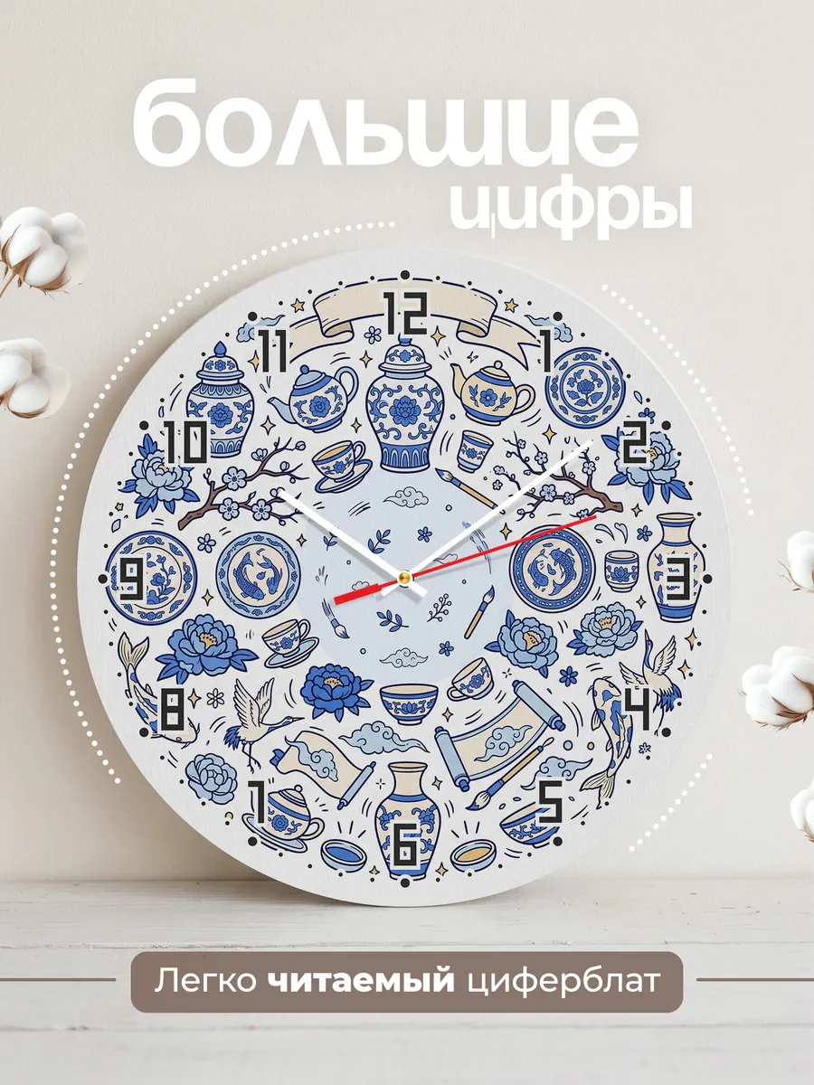 Часы настенные бесшумные Фарфор рисунки синие 33 см — фото 2