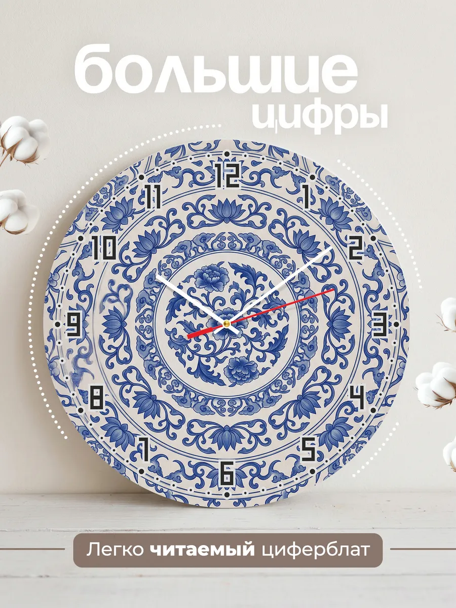 Часы настенные бесшумные Фарфор панно синее 33 см — фото 2