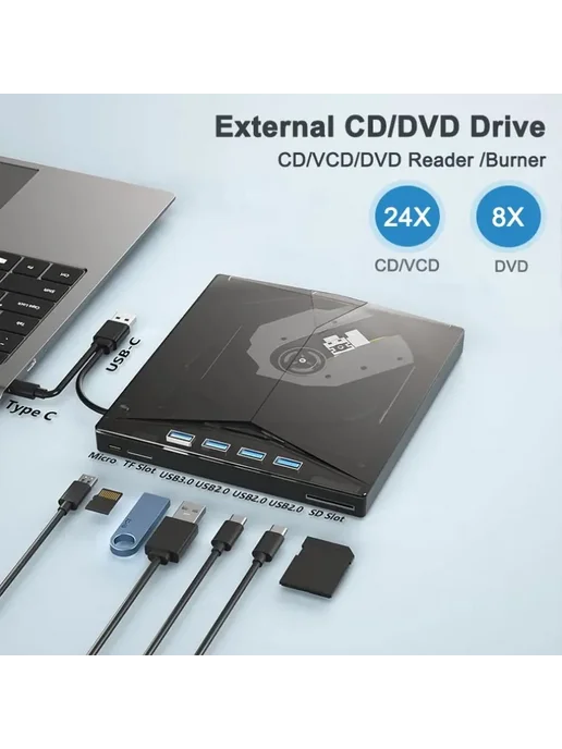 VIKEFON Внешний оптический привод USB3.0 2-в-1 CD DVD RW, 7-в-1 Type-C Портативный C, фото 2