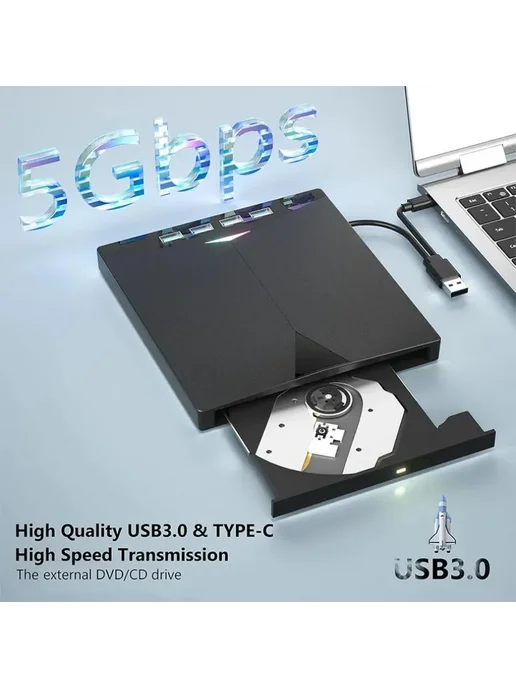 VIKEFON Внешний оптический привод USB3.0 2-в-1 CD DVD RW, 7-в-1 Type-C Портативный C, фото 3