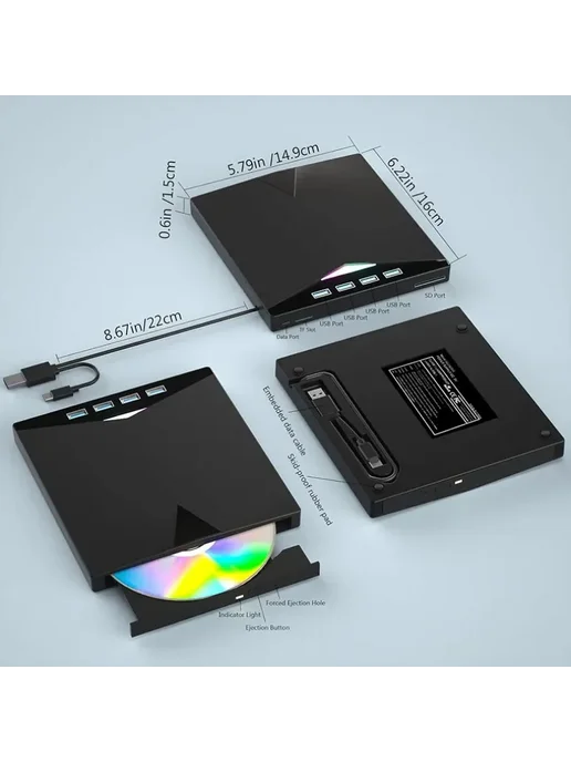 VIKEFON Внешний оптический привод USB3.0 2-в-1 CD DVD RW, 7-в-1 Type-C Портативный C, фото 4