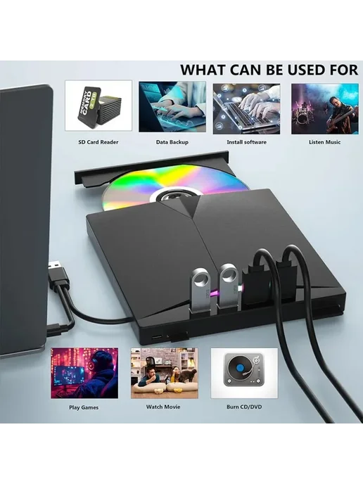 VIKEFON Внешний оптический привод USB3.0 2-в-1 CD DVD RW, 7-в-1 Type-C Портативный C, фото 6