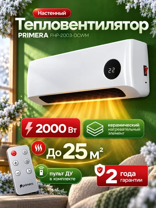 Тепловентилятор-обогреватель керамический до 25 кв м PRIMERA FHP-2003-DCWM, 2000Вт, пульт ДУ, с термостатом, 2 режима, 2000 Вт, фото 2