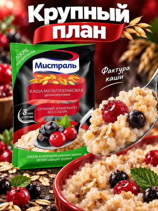 МИСТРАЛЬ Каша овсяная земляника-голубика 40 г 6 шт, 40 г, 6 шт, фото 2