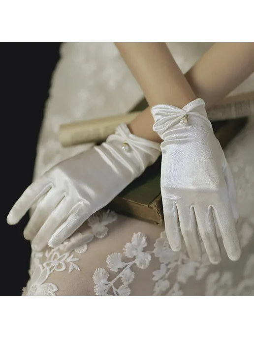 Нет бренда Белые свадебные перчатки с жемчугом, Style 2 White, белый, фото 2