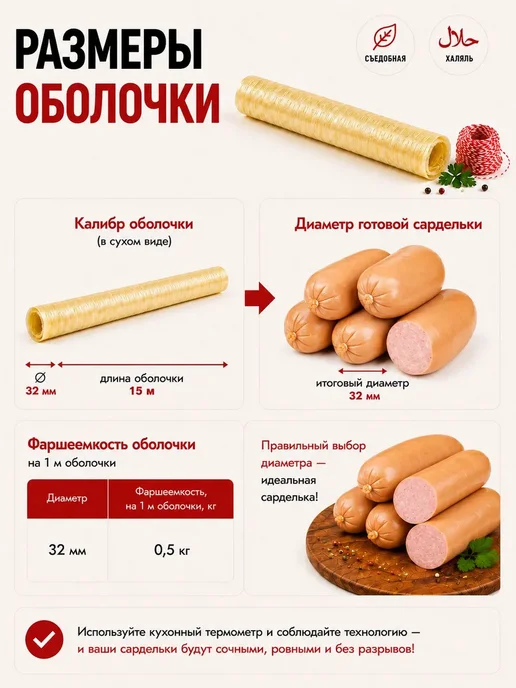 Оболочка для сосисок, для варки,15 м 32 мм в наборе шпагат 1, 15 м, фото 3