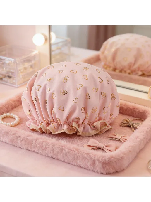 Шапочка для душа розовая с золотыми сердечками PEVA, розовый, фото 3