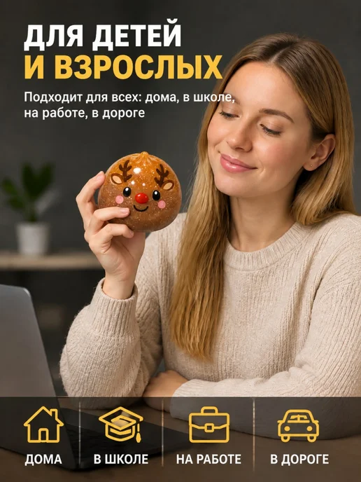Нет бренда Антистресс-игрушка Пельмень коричневый Олень для снятия стре, коричневый, фото 7