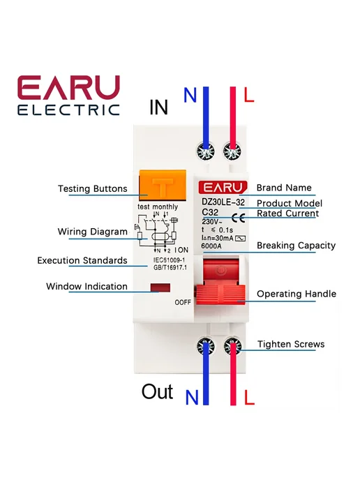 EARU Автоматический выключатель тока утечки EARUELECTRIC 6A, вариант, фото 3