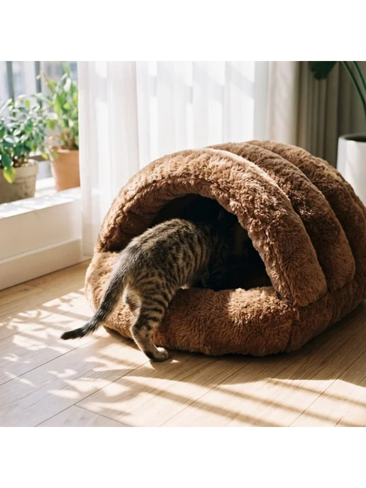 Коричневая M Зимняя лежанка для кошек, утепленная полузакрыт…, коричневый, фото 4