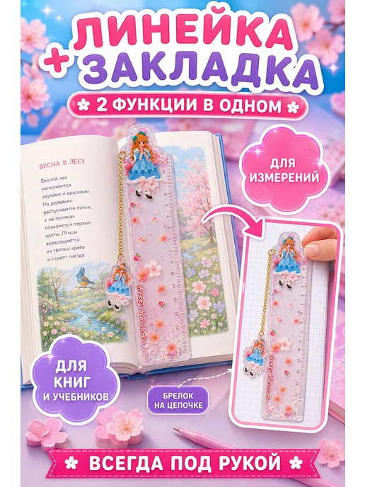 Линейка-закладка с блёстками и подвеской, шкала 15 см, 1 шт, 1 шт, фото 5