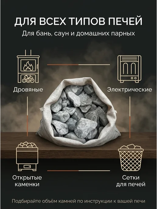 Камни для бани габбро-диабаз 20 кг, галтованный 70-120 мм, 20 кг, фото 2