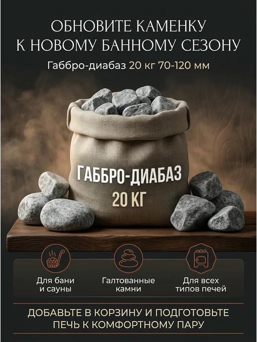 Камни для бани габбро-диабаз 20 кг, галтованный 70-120 мм, 20 кг, фото 6