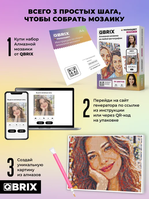 QBRIX Алмазная мозаика на подрамнике по фото 20х30 ПОЛНОЦВЕТ, вариант, фото 3