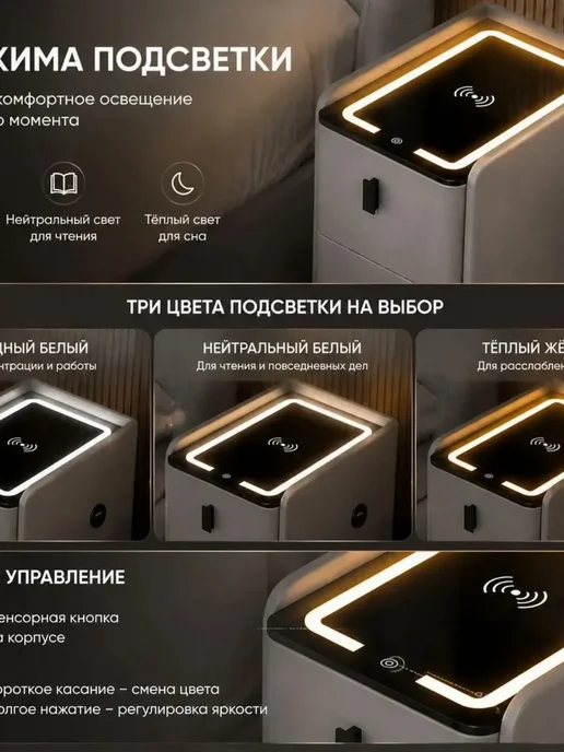 Прикроватная Умная тумбочка из массива дерева, синий, фото 6