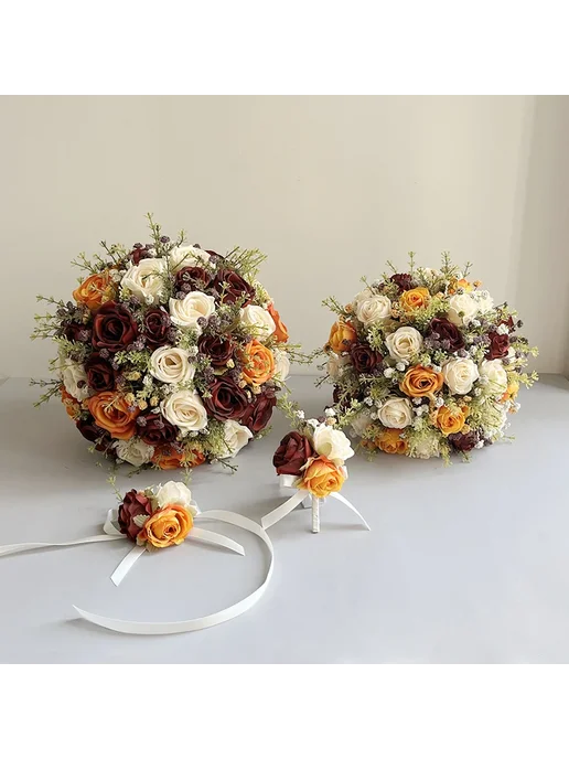 LKY Fr Искусственный свадебный букет розы ivory orange burg, оранжевый, фото 3