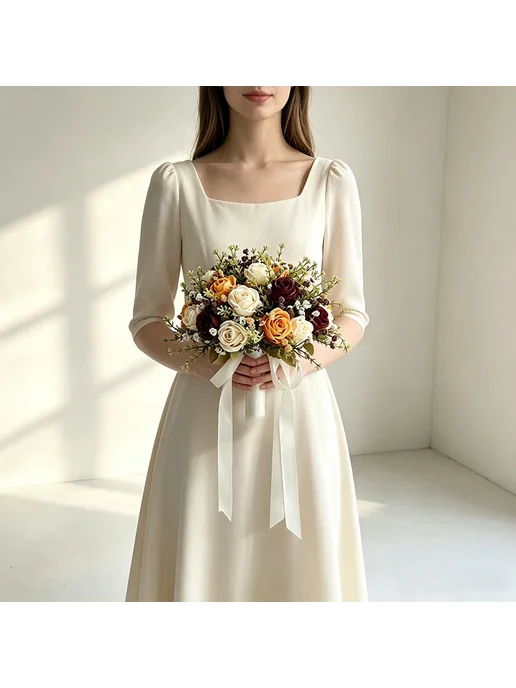 LKY Fr Искусственный свадебный букет розы ivory orange burg, оранжевый, фото 7