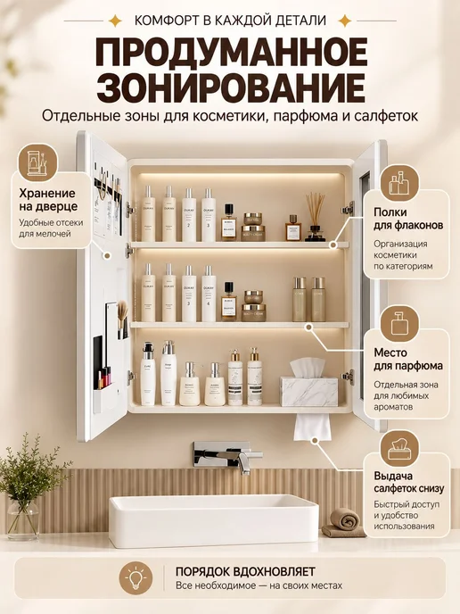 VUEKUG Зеркало шкаф в ванную 50*65 с подсветкой и подогревом, Белый, 60x65, фото 2