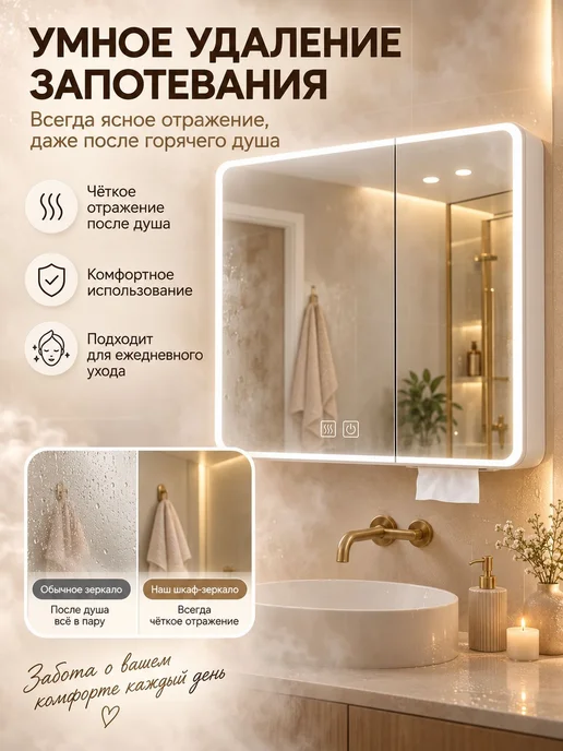 VUEKUG Зеркало шкаф в ванную 50*65 с подсветкой и подогревом, Белый, 60x65, фото 4